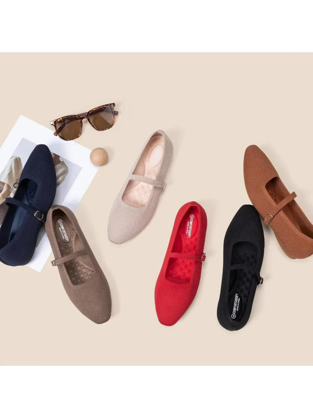 Women's Coffee Rubber Knit Square Toe Ballet Flats With Strap Comfortable Shoes